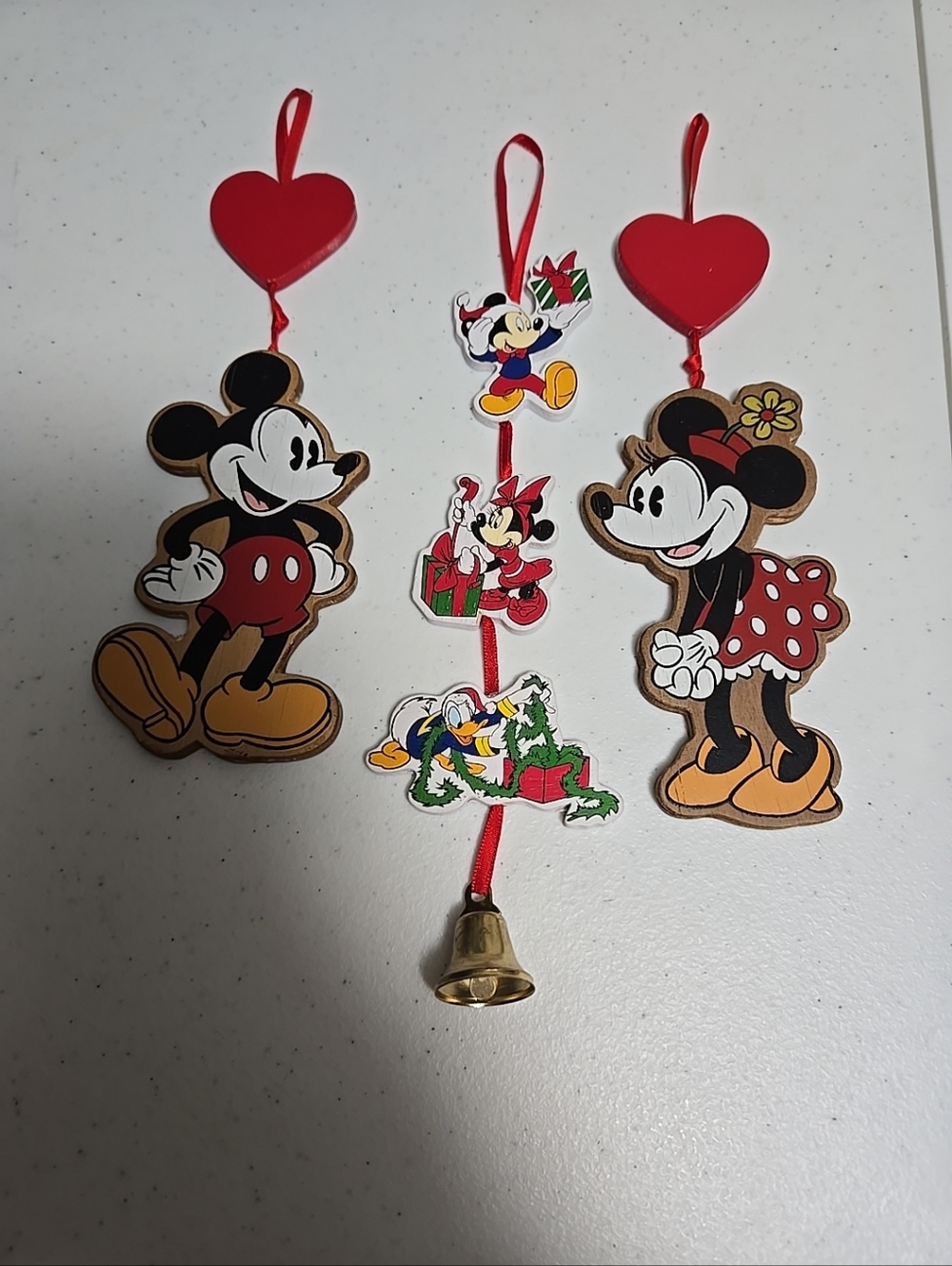VINTAGE Disney MICKEY &MINNIE MOUSE Double sided wood ornaments. 3rd Bonus Inc.
